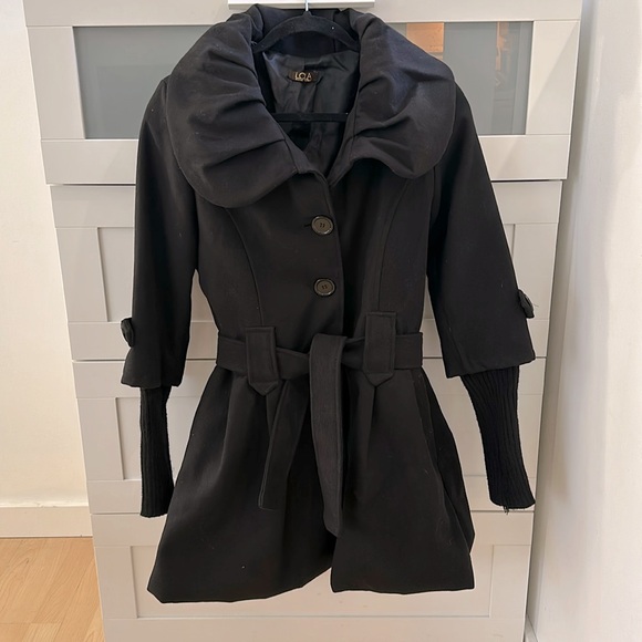 Black wool jacket. Fitted. Tie belt waist. Button up. - Picture 2 of 4